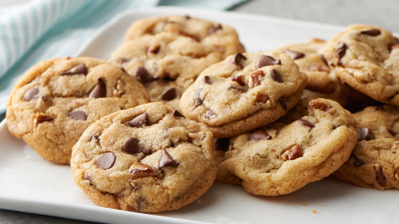 Multiple chocolate chip cookies on a plate