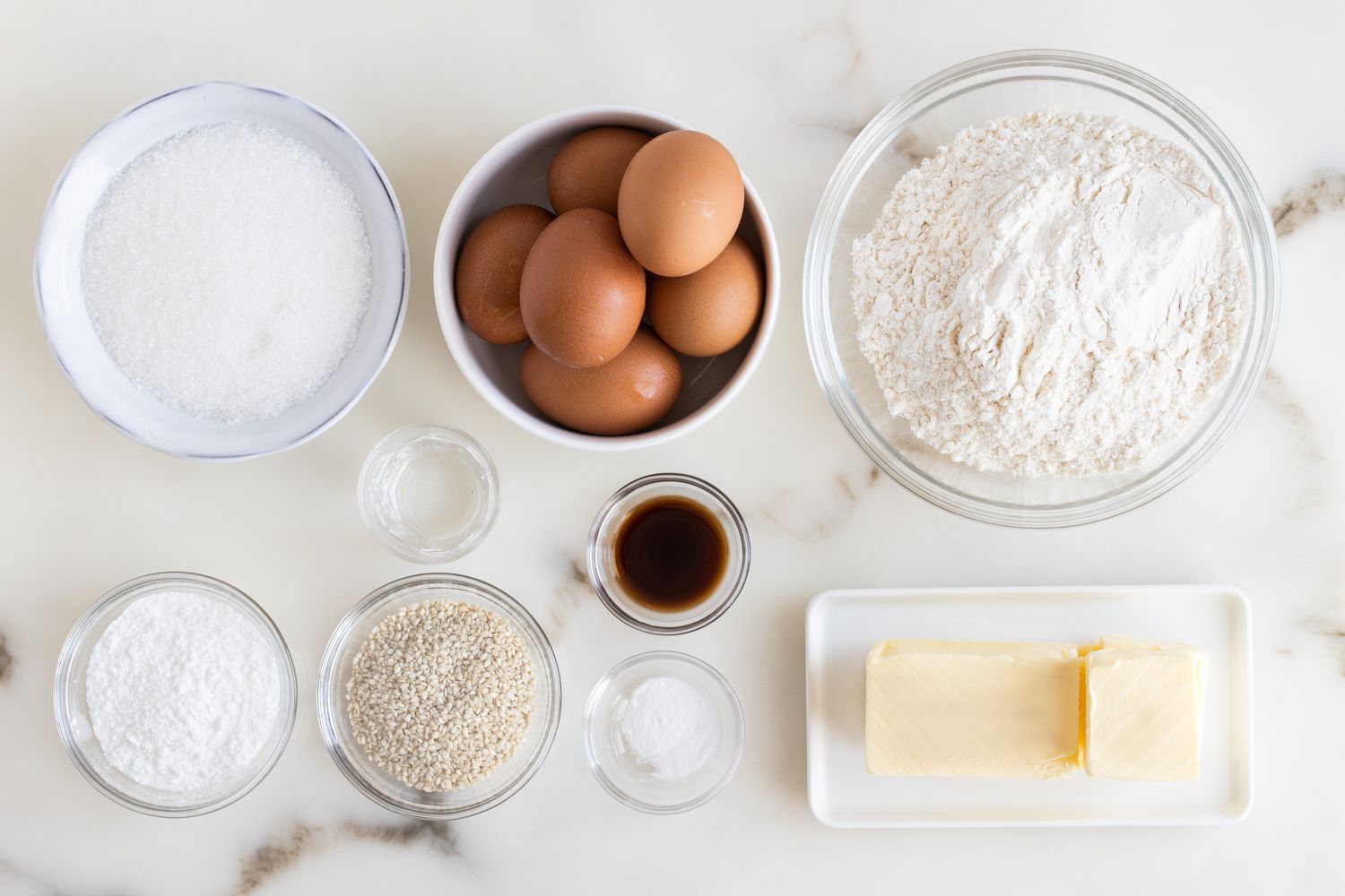 Baking ingredients staged on a surface
